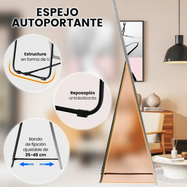 Espelho retangular 160x40cm em pé ou espelho de parede com moldura de liga de alumínio de vidro inquebrável para corredor do quarto Prateado