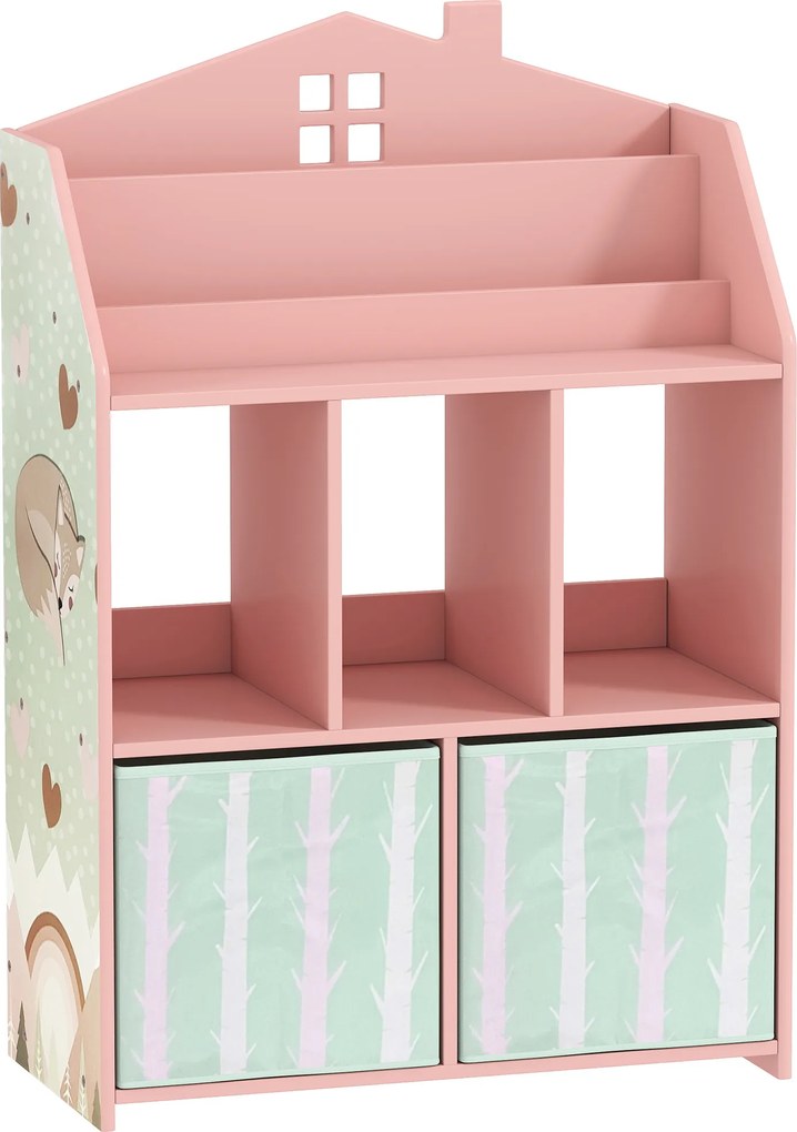 Estante Infantil para Brinquedos com Gavetas de Tecido Prateleiras Abertas Design de Raposas Organizador de Brinquedos Rosa
