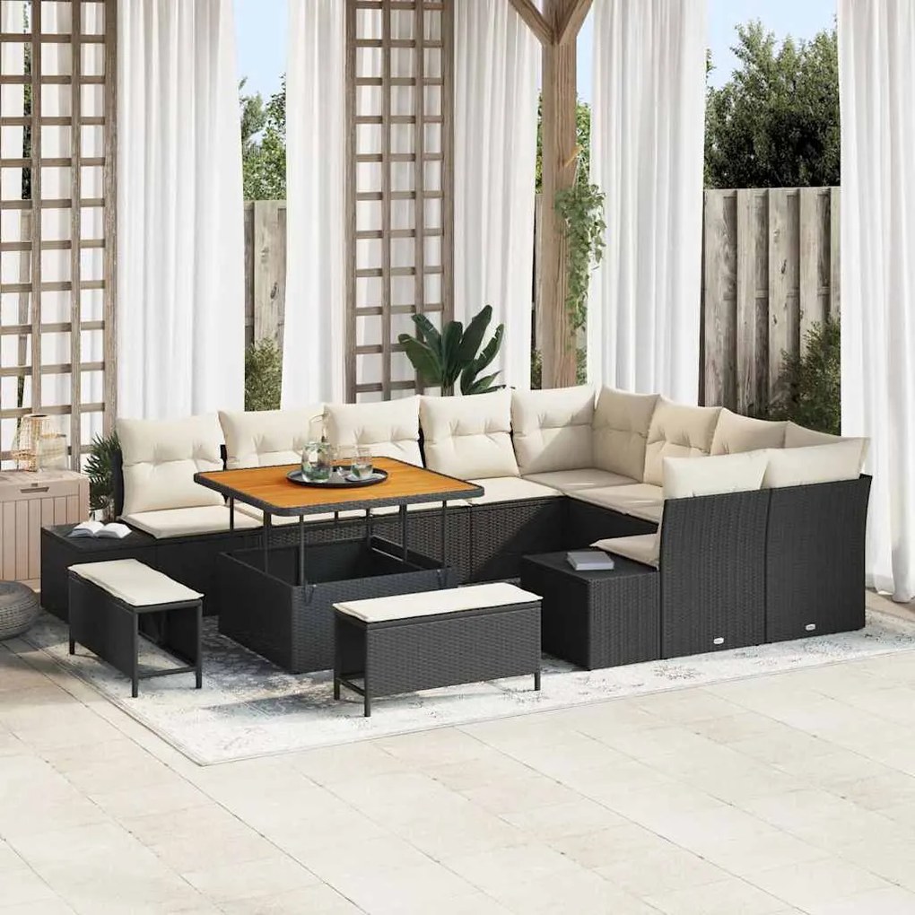 vidaXL Conjunto de Sofás de Jardim com 12 Peças e Almofadas, em rattan sintético preto com detalhes em acácia.