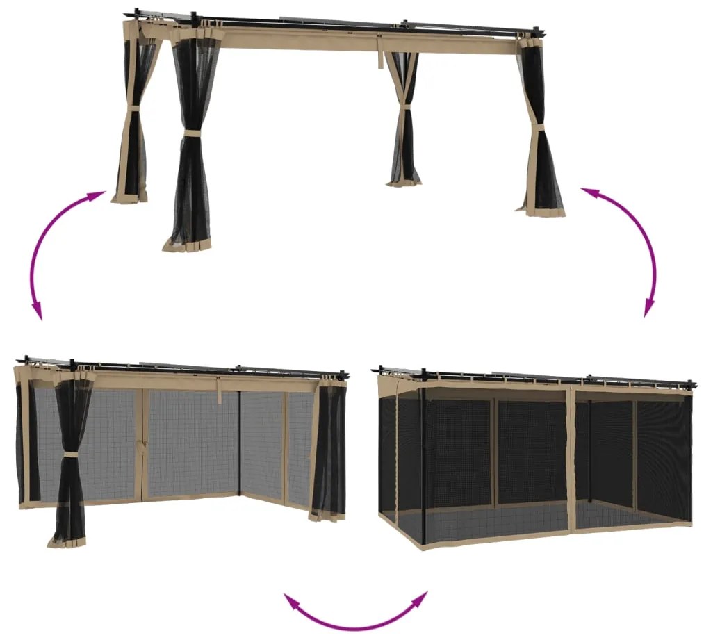 Gazebo com paredes de malha 4x3 m aço cinzento-acastanhado