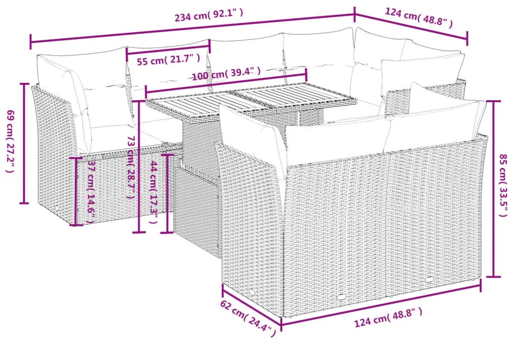 8 pcs conjunto sofás de jardim c/ almofadões vime PE cinzento