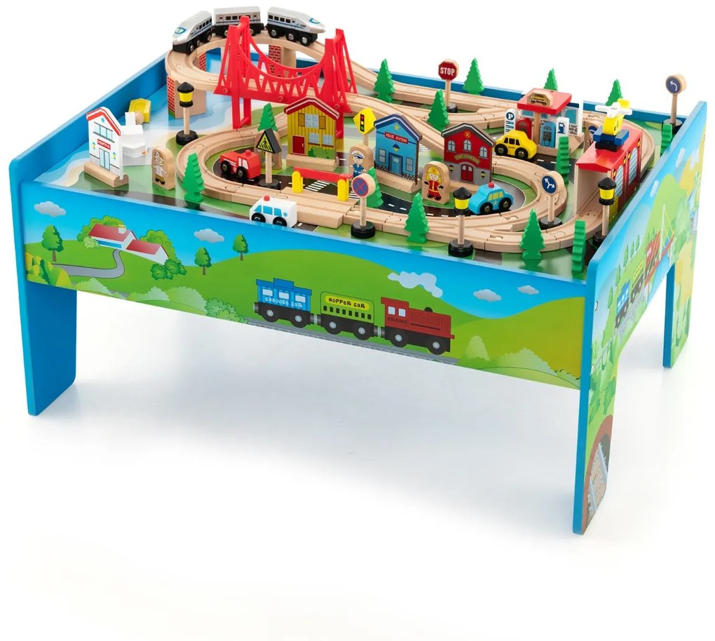 Mesa de jogos de comboio em madeira maciça, 80 peças, para crianças, trilhos comboio para meninos e meninas a partir de 3 anos, 82,5 x 60 x 40 cm, mul