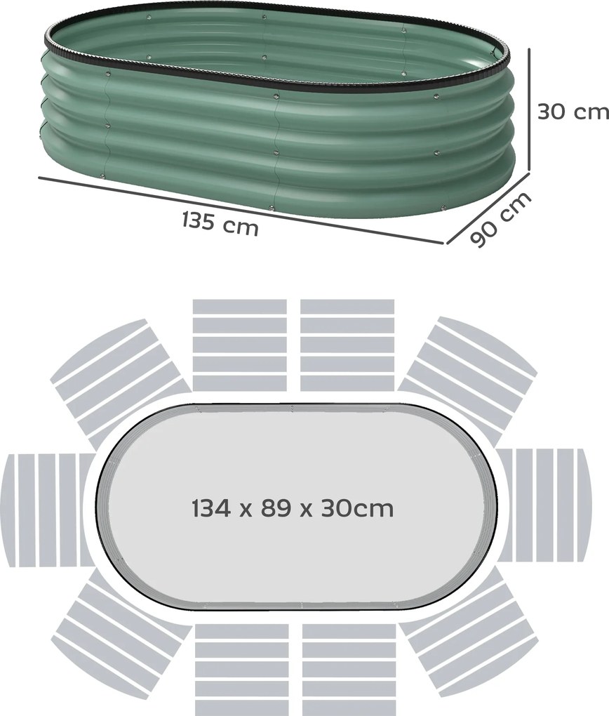 Conjunto de 2 floreiras de jardim, 135 x 90 x 30 cm, floreira em aço galvanizado com bordas em borracha, verde