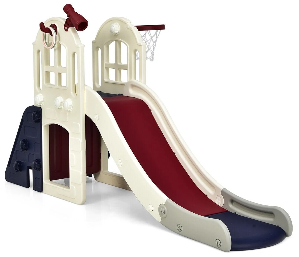 Escorrega grande 6 em 1 com cesta de basquete para playground interno e externo - rosa