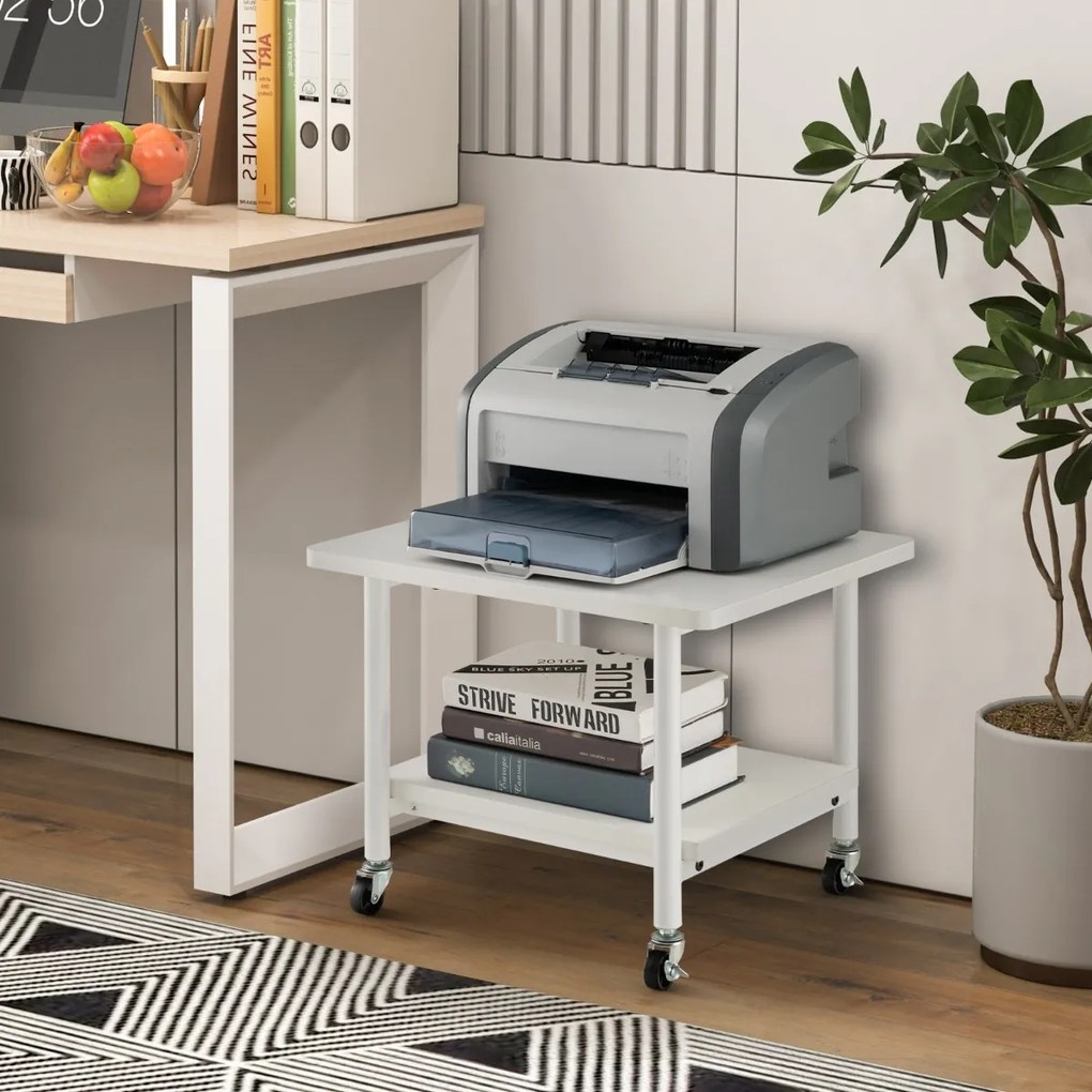 Mesa Impressora para escritório com 4 Rodas e Mecanismo Travamento com Prateleira 49 x 40 x 38 cm Branco