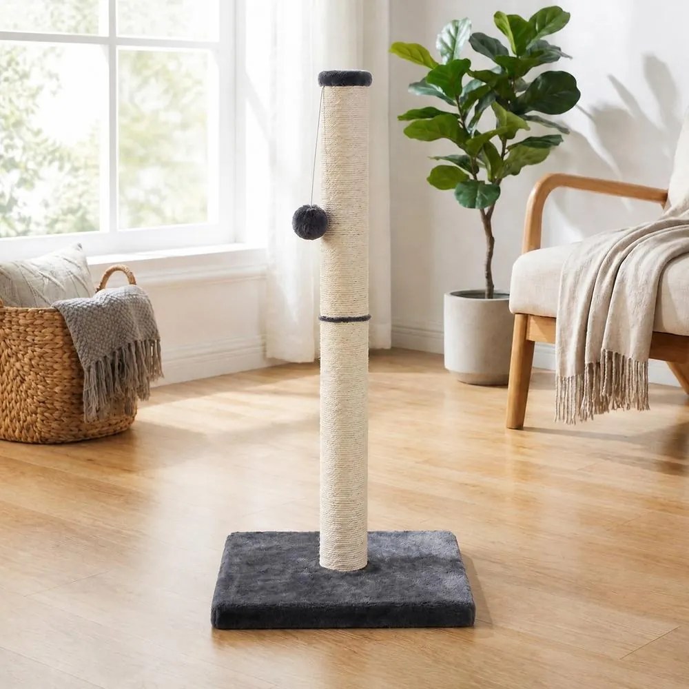 Tronco para arranhar 40 x 40 x 84 cm (C x L x A) em sisal natural resistente com brinquedo, cinzento