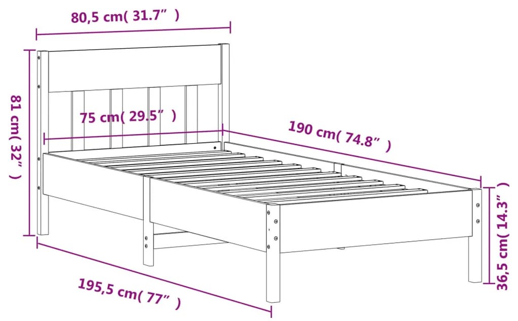 Estrutura cama c/ cabeceira 75x190 cm pinho maciço castanho-mel