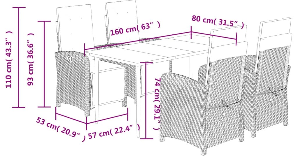 5 pcs conjunto de jantar p/ jardim c/ almofadões vime PE cinza
