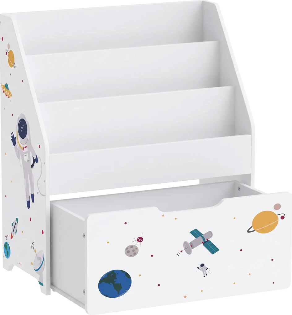 AIYAPLAY Estante Infantil com Gaveta Móvel e 3 Prateleiras, Tema Espaço, Montessori, 3-8 Anos, Branco | Aosom Portugal