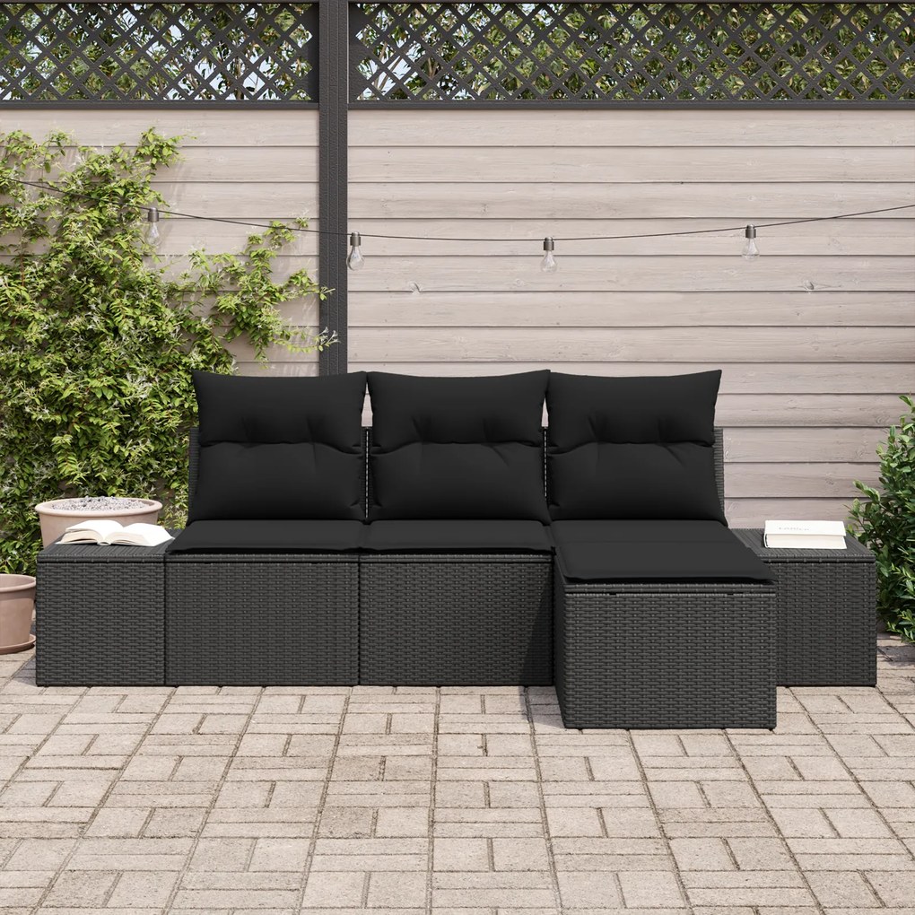 Conjunto de Sofá de Jardim 4 Peças com Almofadas Rattan Preto