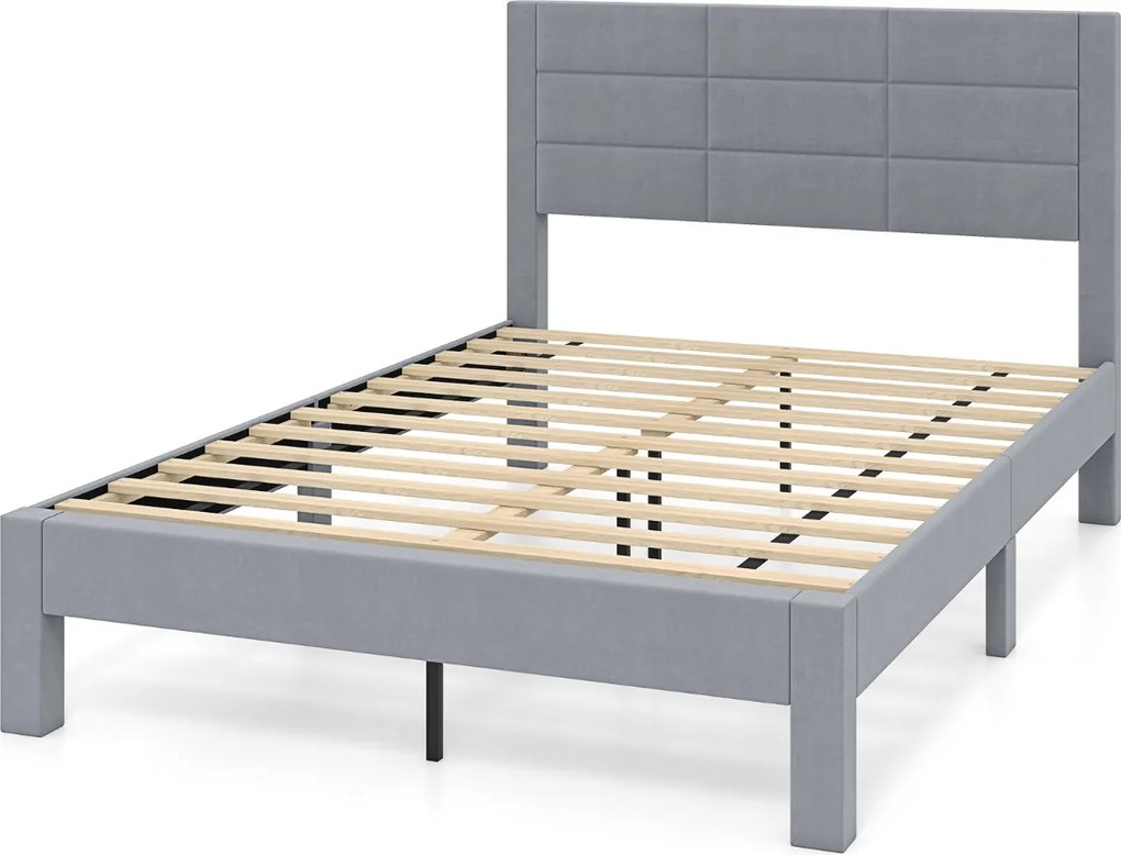 Estrutura de cama 211 x 141 x 109 cm com cabeceira acolchoada (COLCHÃO NÃO INCLUIDO), estrado de ripas de madeira cinza