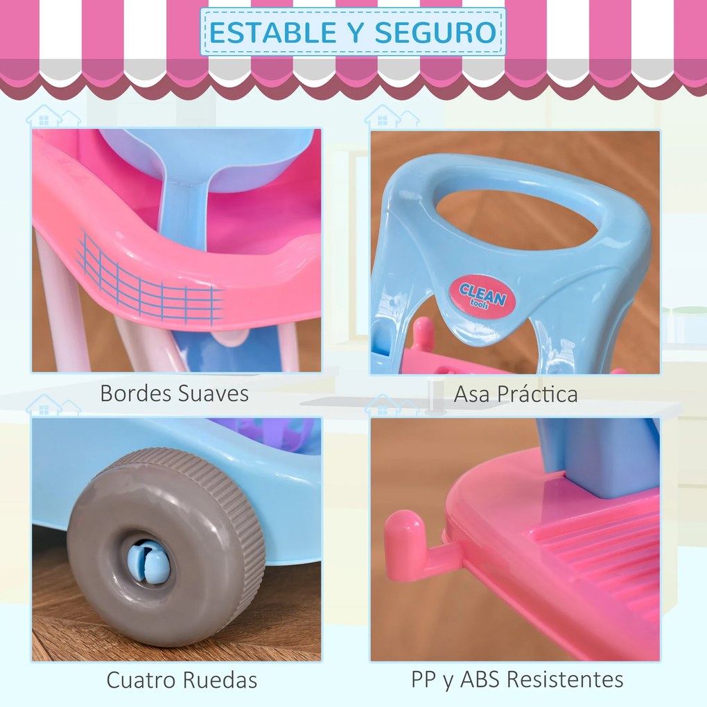 HOMCOM Carrinho de Limpeza para Crianças acima de 3 Anos com Robot Aspirador Elétrico com Luzes e Sons 23 Acessórios Incluídos 42x32x49,5cm Rosa e Azul