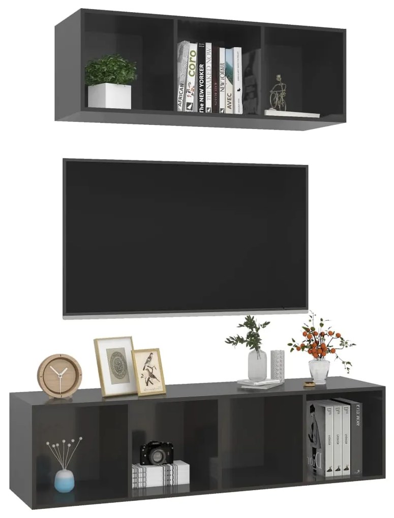 2 pcs conjunto móveis de TV derivados madeira cinza brilhante