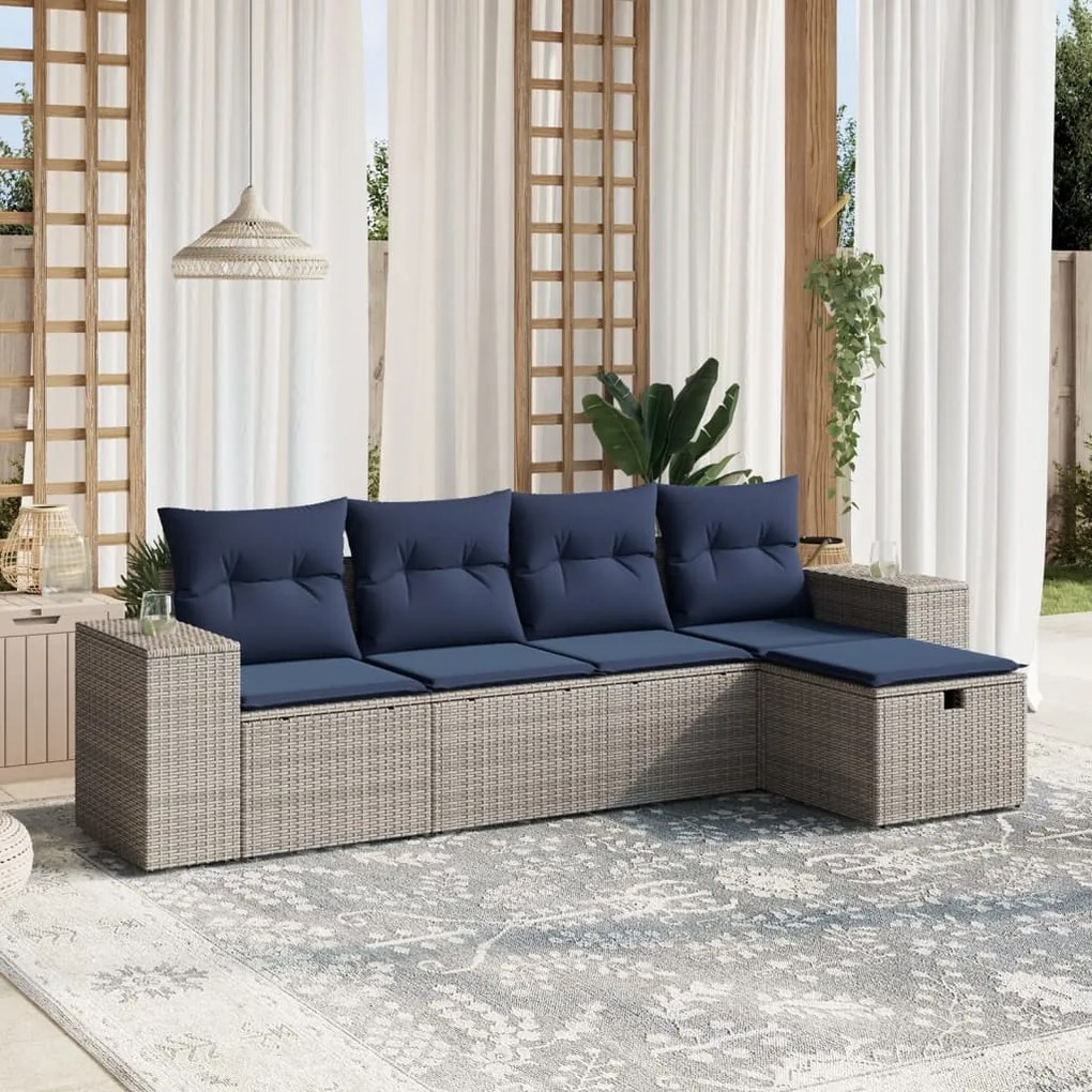 vidaXL 5 pcs conjunto sofás p/ jardim c/ almofadões vime PE cinzento