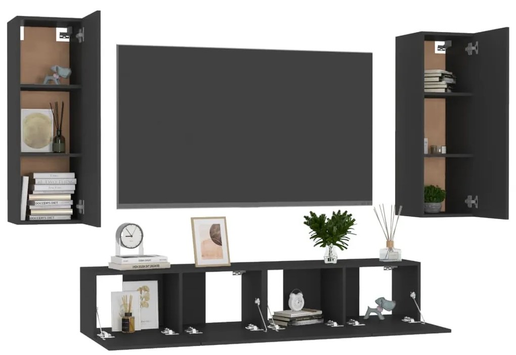 4 pcs conjunto de móveis de TV derivados de madeira preto