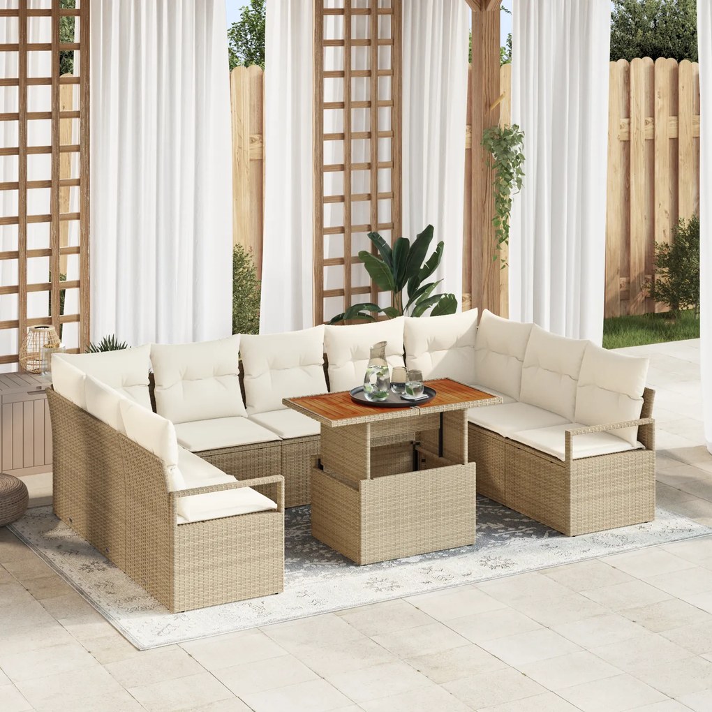 Conjunto de Sofá de Jardim com Almofadas Bege de Rattan Poliéster 10 P