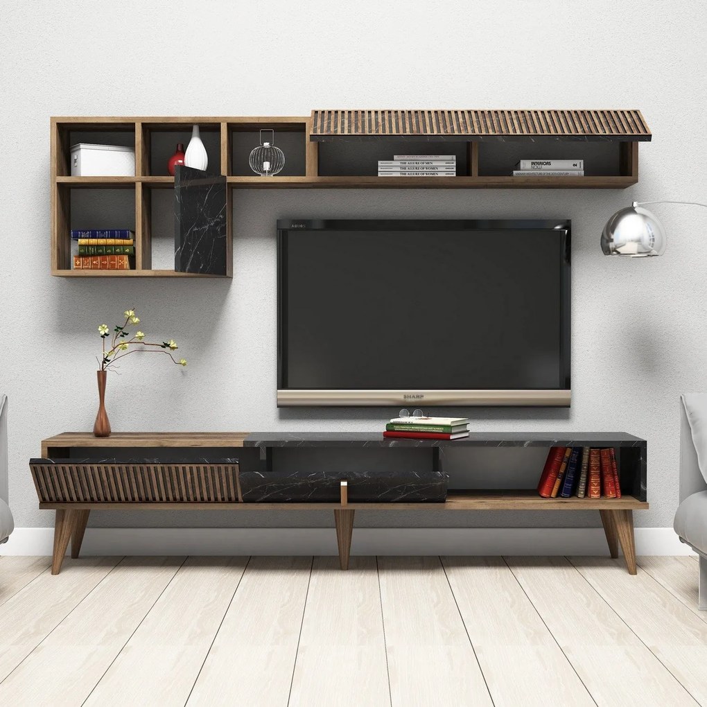 Móvel TV Milan – Nogueira e Preto – 180 x 40 x 35 cm