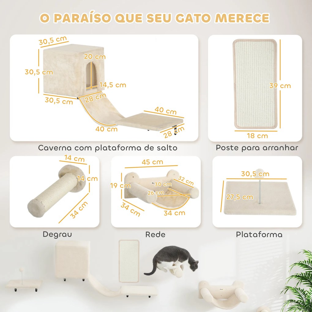Conjunto de Prateleiras de Escalada para Gatos de 6 Peças com Placa para Arranhar e Poste de Sisal Bege