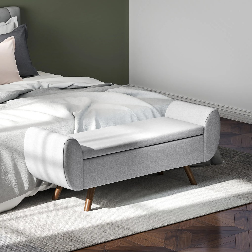 Banco com espaço de arrumação de 53,8 L, 132 x 42 x 50 cm com assento estofado em linho e braços, para sala de estar, quarto, hall de entrada, cinzent