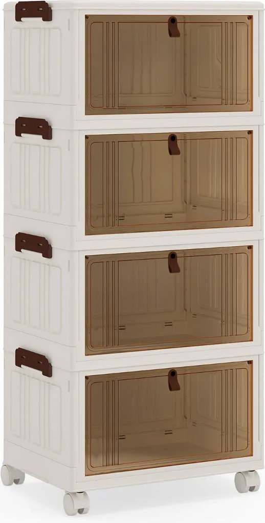 Caixa para sapatos dobrável de 4 níveis 39 × 27 × 85 cm, empilhável, com tampa, portas e rodas bloqueáveis, em plástico, para armário na entrada, sala