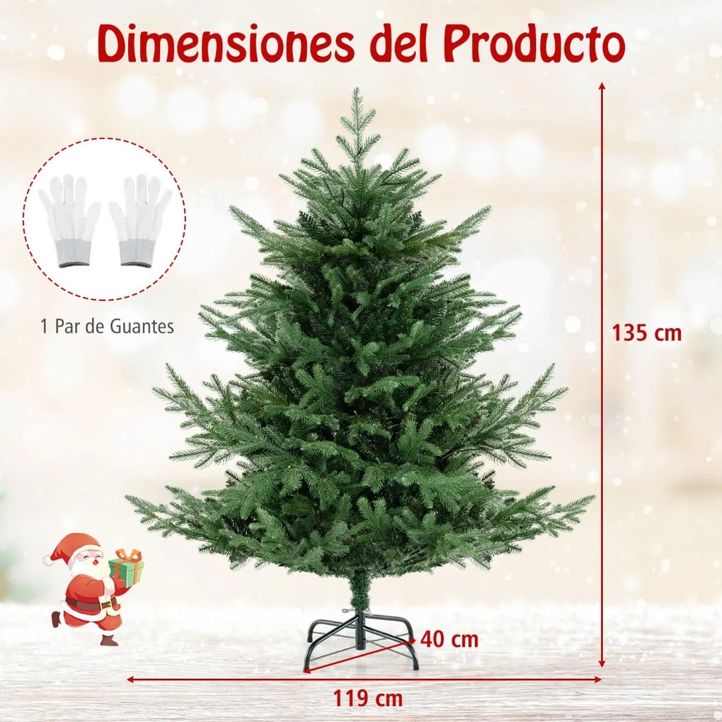 Árvore de Natal artificial pré-iluminada 135 cm, 442 pontas de ramos, 160 luzes LED, folhas mistas de PE e PVC, Verde