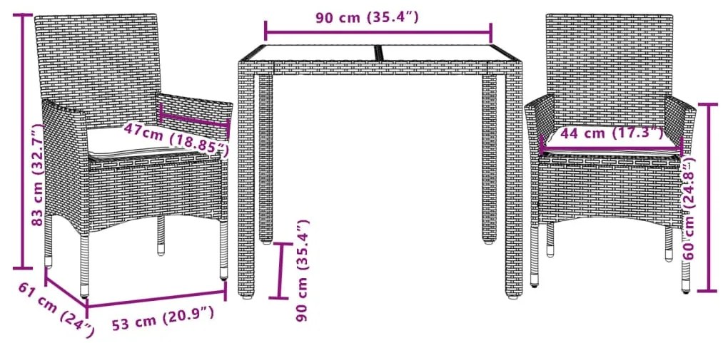 3 pcs conjunto jantar jardim c/ almofadões vime PE/acácia bege