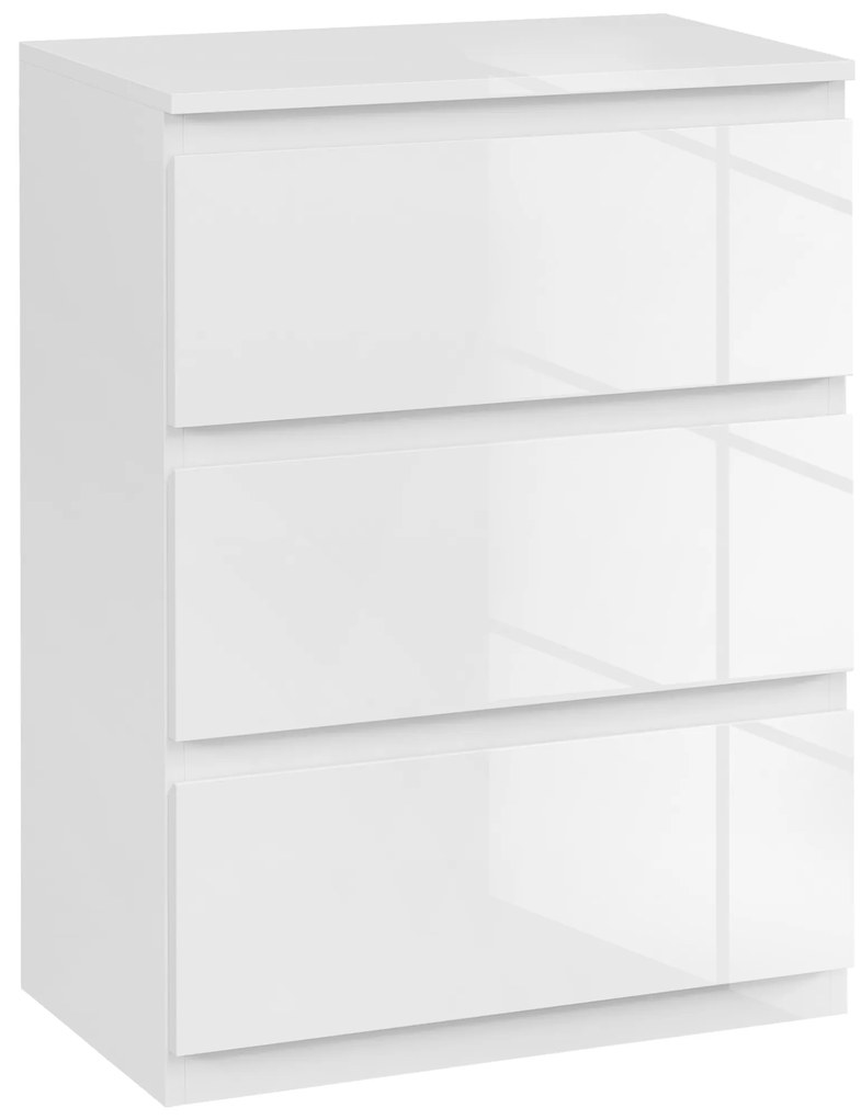 HOMCOM Cómoda com 3 Gavetas de Madeira Cómoda de Dormitório Cómoda Branca Estilo Moderno 55x34x75 cm Branco Brilhante