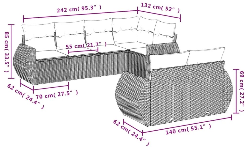 7 pcs conjunto de sofás jardim c/ almofadões vime PE castanho