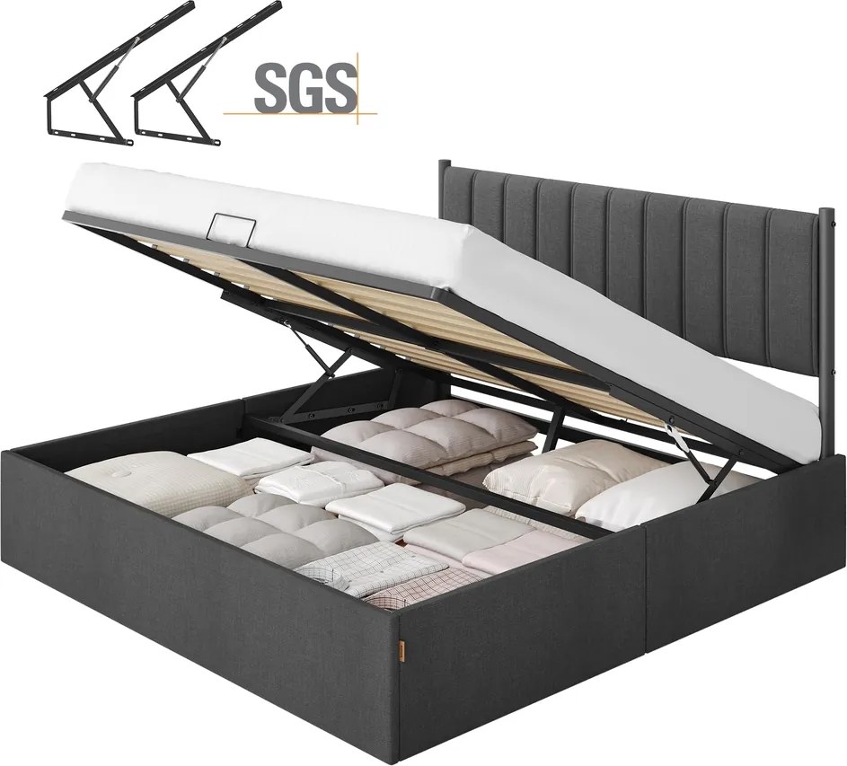 Estrutura de cama 180 x 200 cm com estrado (COLCHÃO NÃO INCLUIDO) com espaço de arrumação sob a cama e cabeceira em cinza ardósia