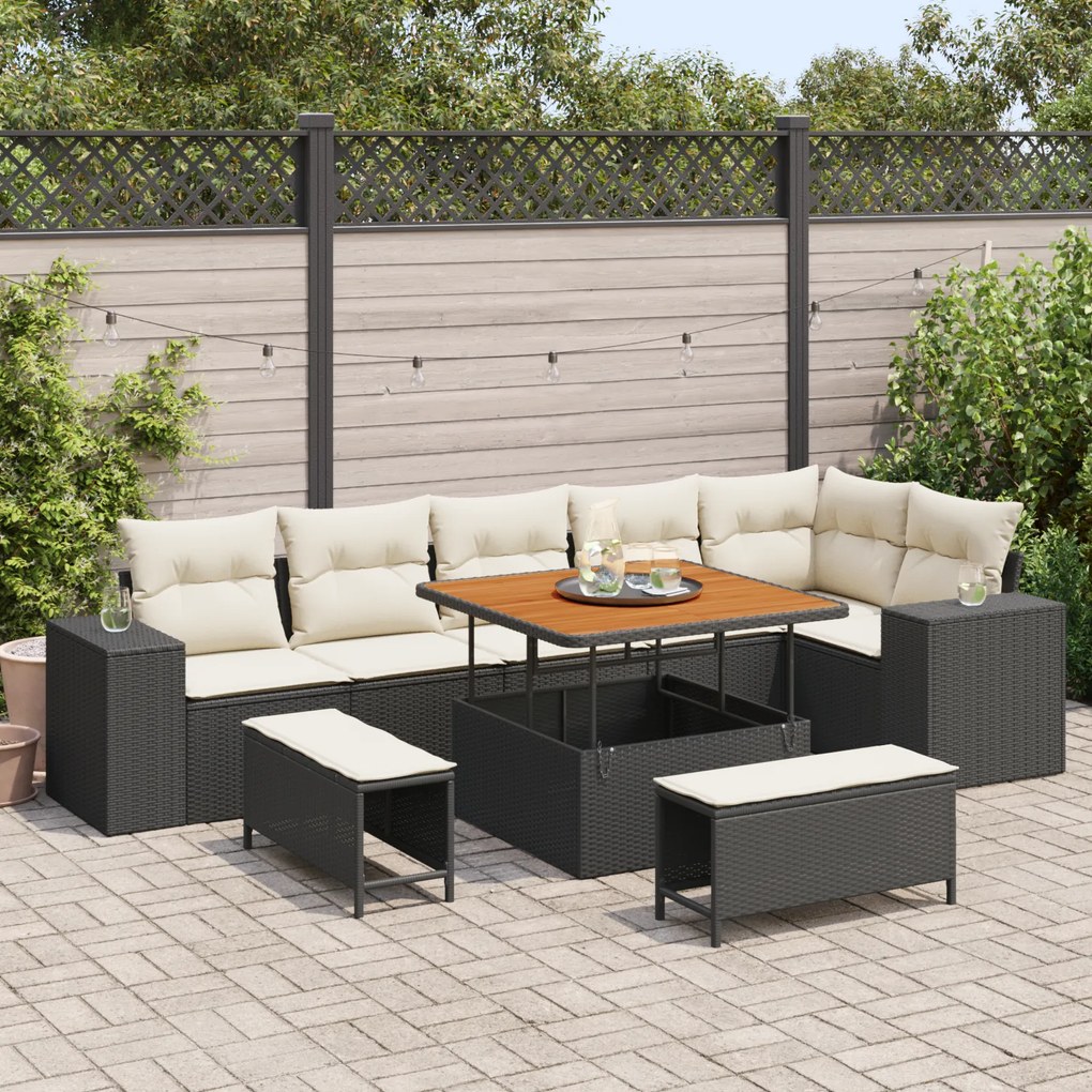 Conjunto de Sofá de Jardim vidaXL de 9 Peças com Almofadas Preto Rattan Poliéster Acácia