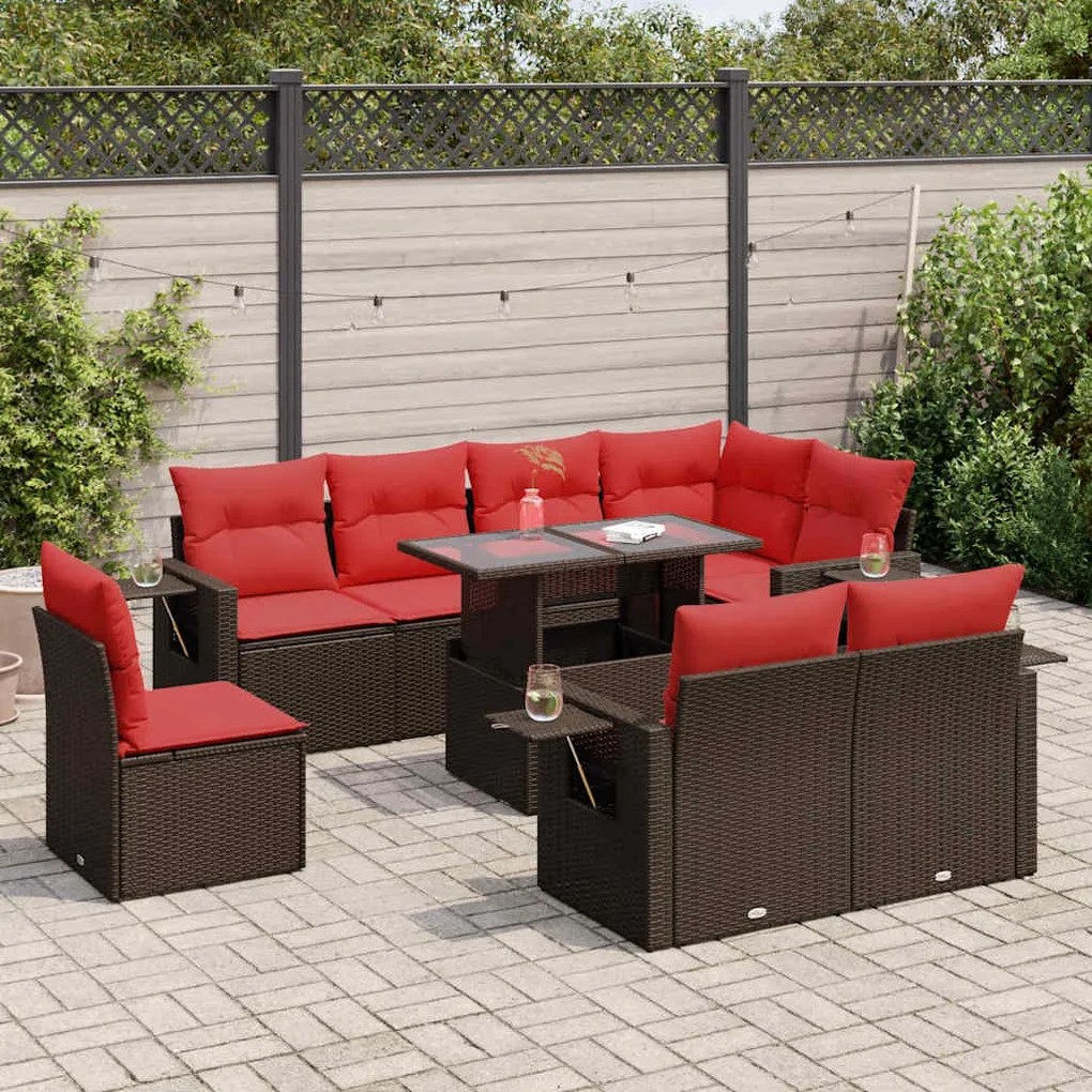 9 pcs conj. sofás jardim c/ almofadões vime PE/acácia castanho