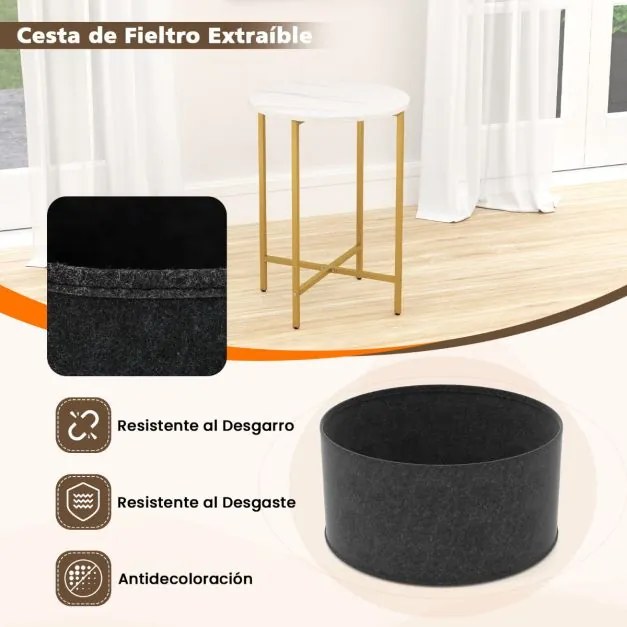 Mesa de apoio redonda 44 x 61 cm para espaços pequenos de 2 níveis com cesto de tecido Estrutura metálica Branca