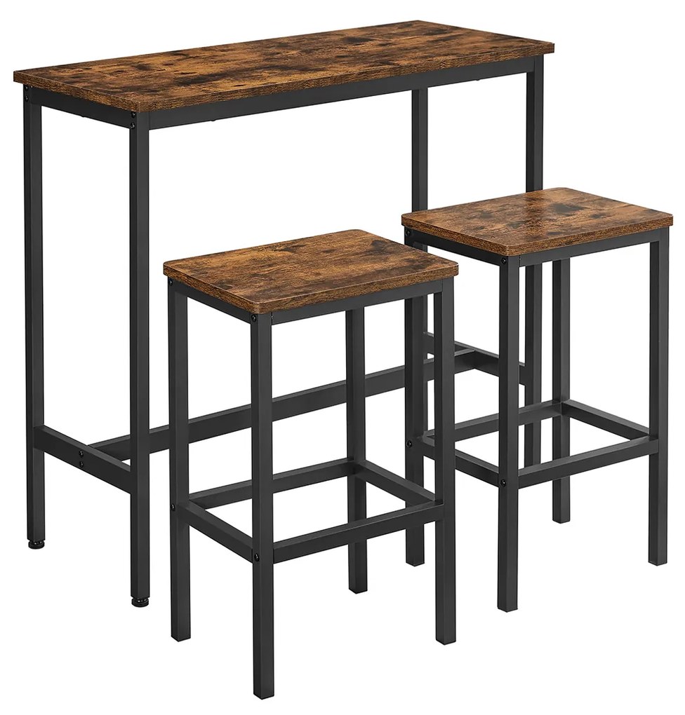 Conjunto de mesa de jantar VASAGLE, conjunto de mesa de bar e bancos, mesa de café da manhã com dois bancos, estrutura de aço industrial, marrom rústico e preto LBT218B01