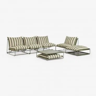 Conjunto De Jardim Com Sofá Modular De 3 Peças, Poltrona, Mesa Auxiliar E Puff Conversíveis Amaro Tapioca Beige - Verde Azeitona Profundo - Sklum
