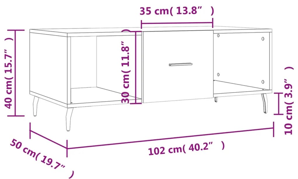 Mesa de centro 102x50x40 cm madeira processada branco brilhante