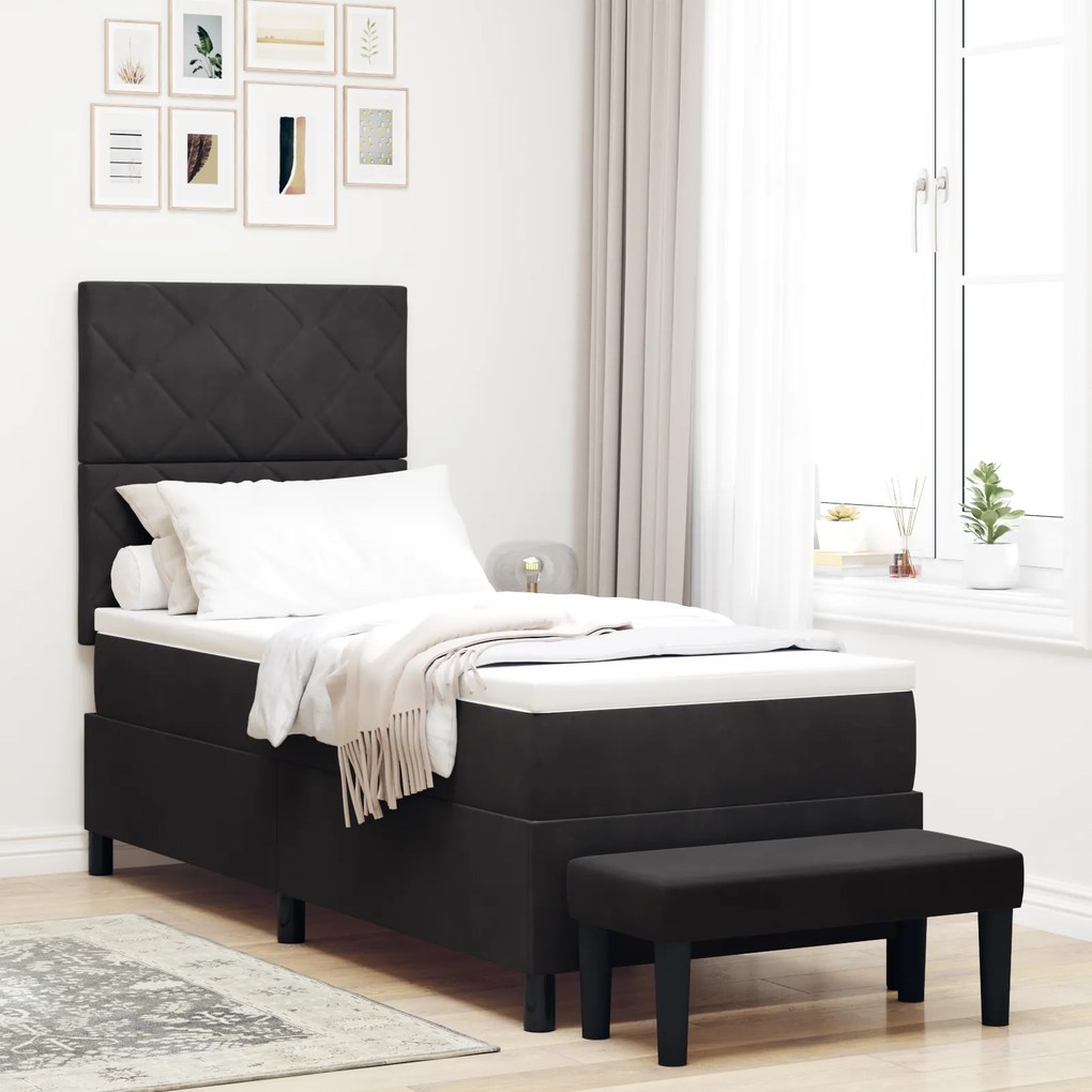 Cama Box Spring com Colchão & Banco Preto 80x200 cm Veludo