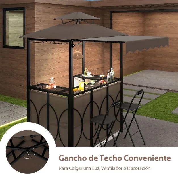 Tenda jardim com mesa de bar e 2 cadeiras dobráveis com prateleiras de metal para jardim 193 x 117 x 240 cm Café
