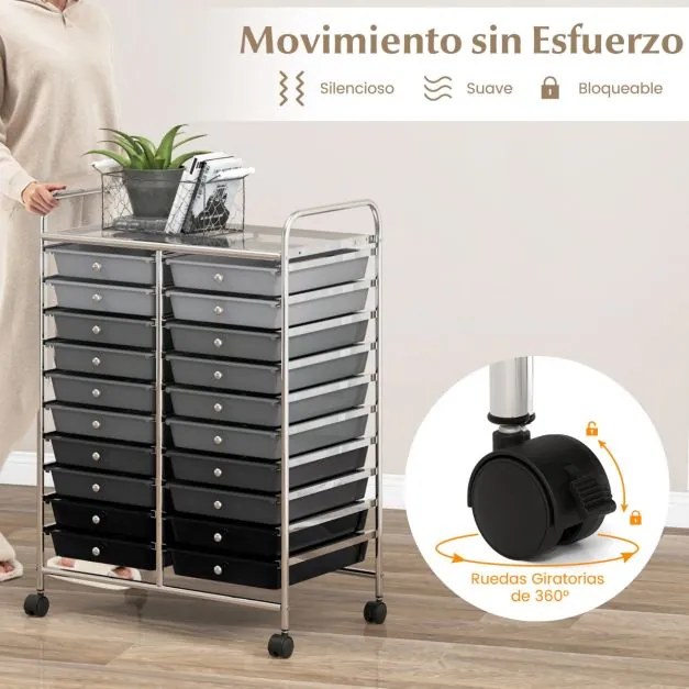 Carrinho auxiliar de armazenamento 64 x 39 x 88 cm com 4 rodas, 20 gavetas 2 rodas com travões, estrutura metálica preta
