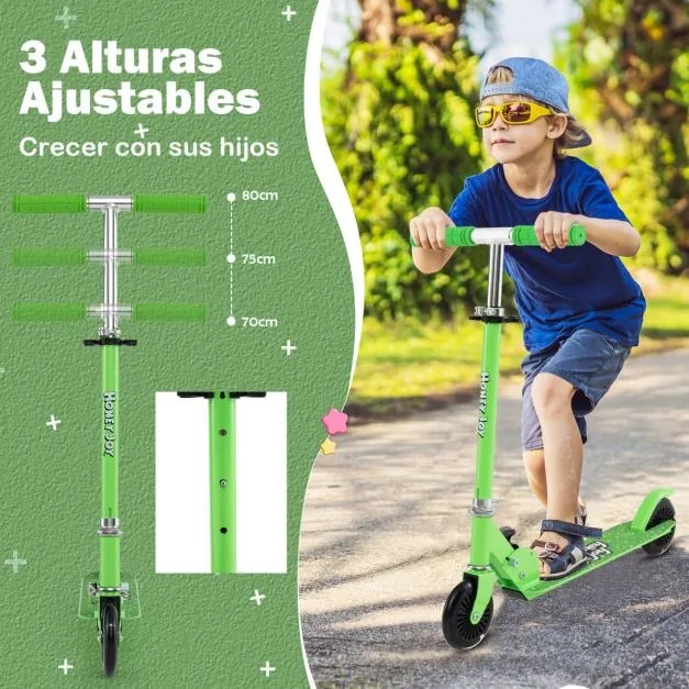 Trotinete dobrável para crianças com 2 rodas intermitentes, guiador ajustável e sistema de travagem traseiro Verde