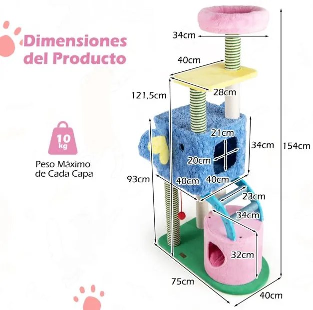 Arranhador para gatos 75 x 40 x 154 cm com tema de elefante com cama acolchoada, postes de sisal, 2 condomínios para interior azul
