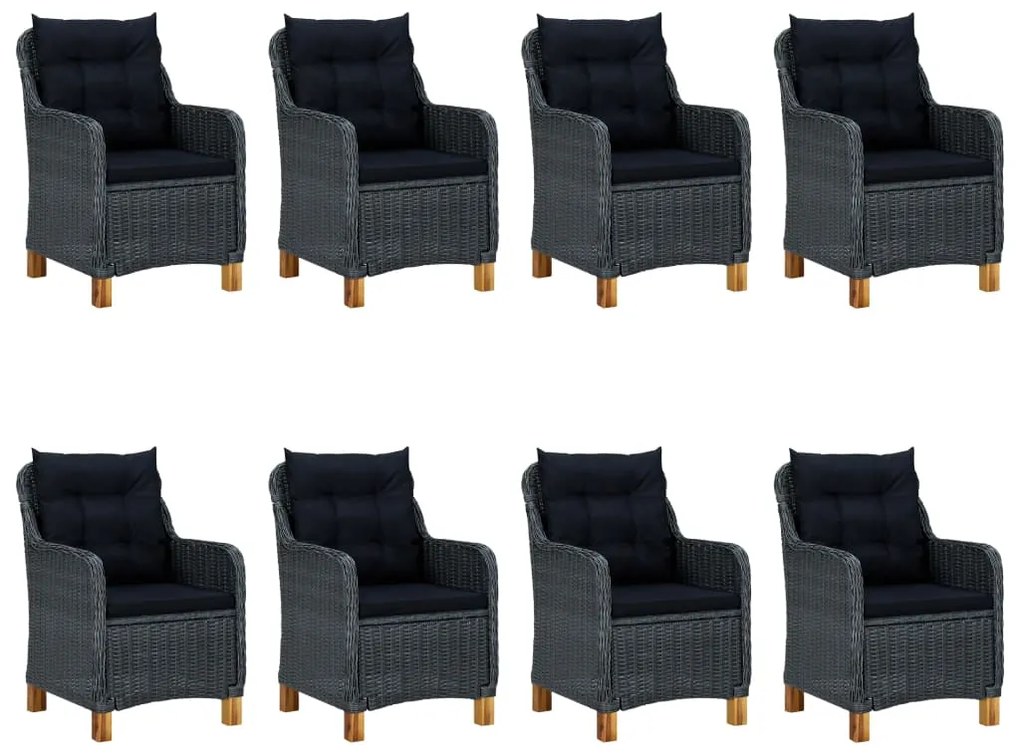 9 pcs conj. jantar exterior c/ almofadões vime PE cinza-escuro