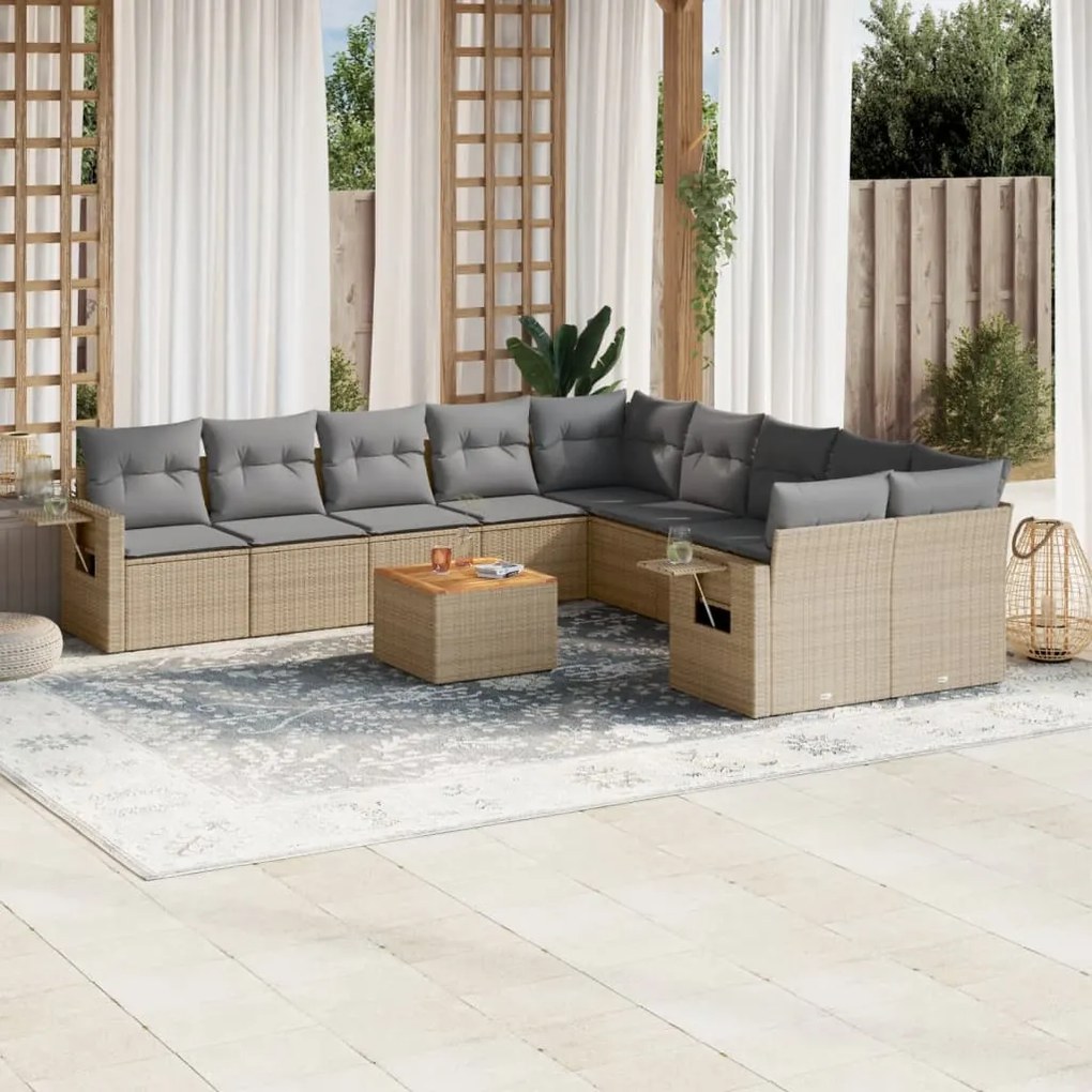 11 pcs conjunto sofás de jardim c/ almofadões vime PE bege