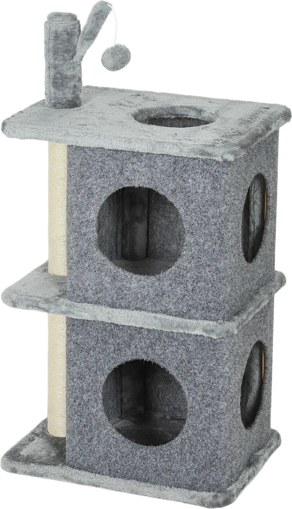 Arranhador para gatos de 3 níveis em forma de torre, com 2 compartimentos abertos e uma superfície de descanso confortável, bola 43 x 33 x 80 cm cinze