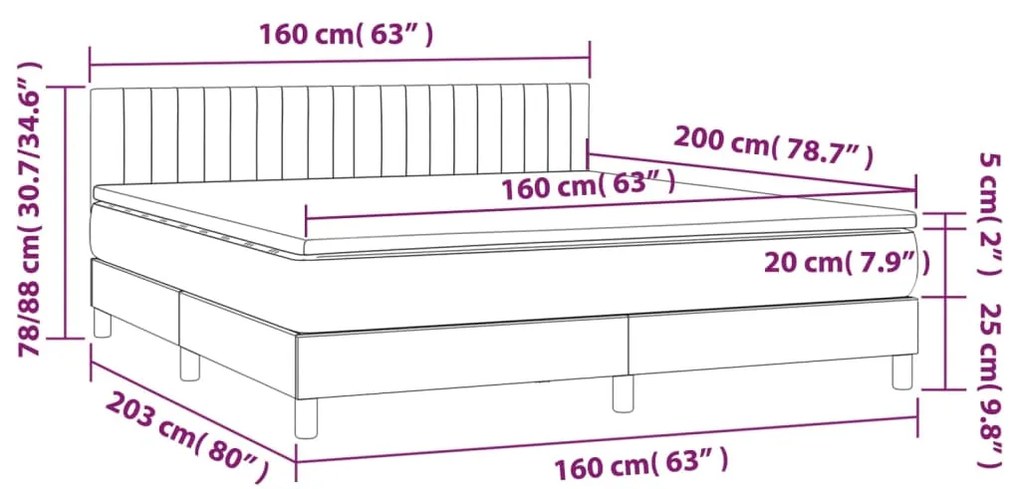 Cama box spring c/ colchão e LED 160x200 cm tecido preto