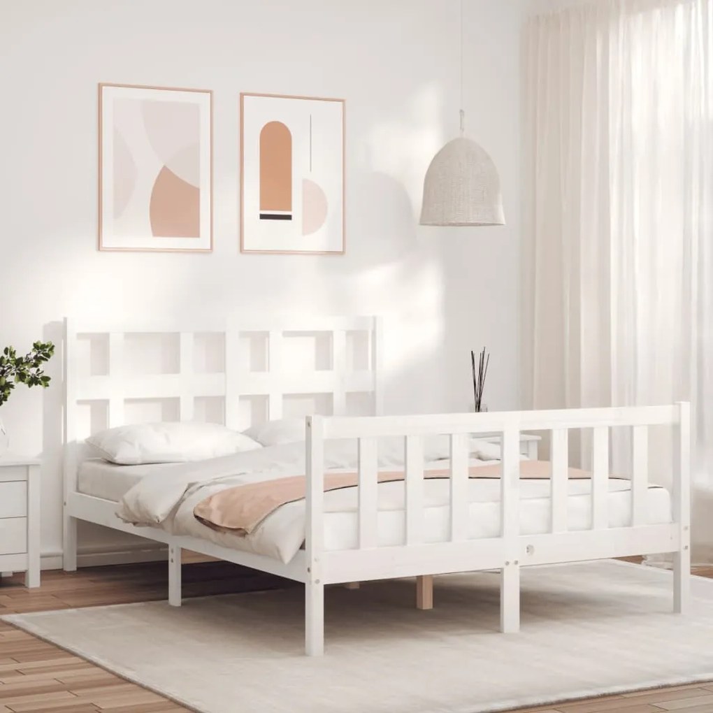 vidaXL Estrutura de cama de casal c/ cabeceira madeira maciça branco