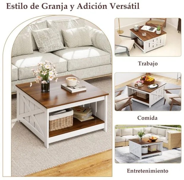 Mesa de centro de 2 níveis com prateleira de armazenamento aberta quadrada para cocktails estilo 78 x 78 x 44 cm Branca e castanha