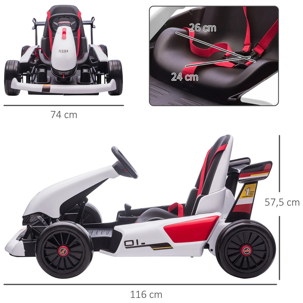 HOMCOM Kart Elétrico para Crianças de 4-8 Anos Go Kart Racing de Bateria 12V com Velocidade 3-6 km/h Controlo Remoto Música Buzina Carga Máxima 50kg 116x74x57,5cm Branco