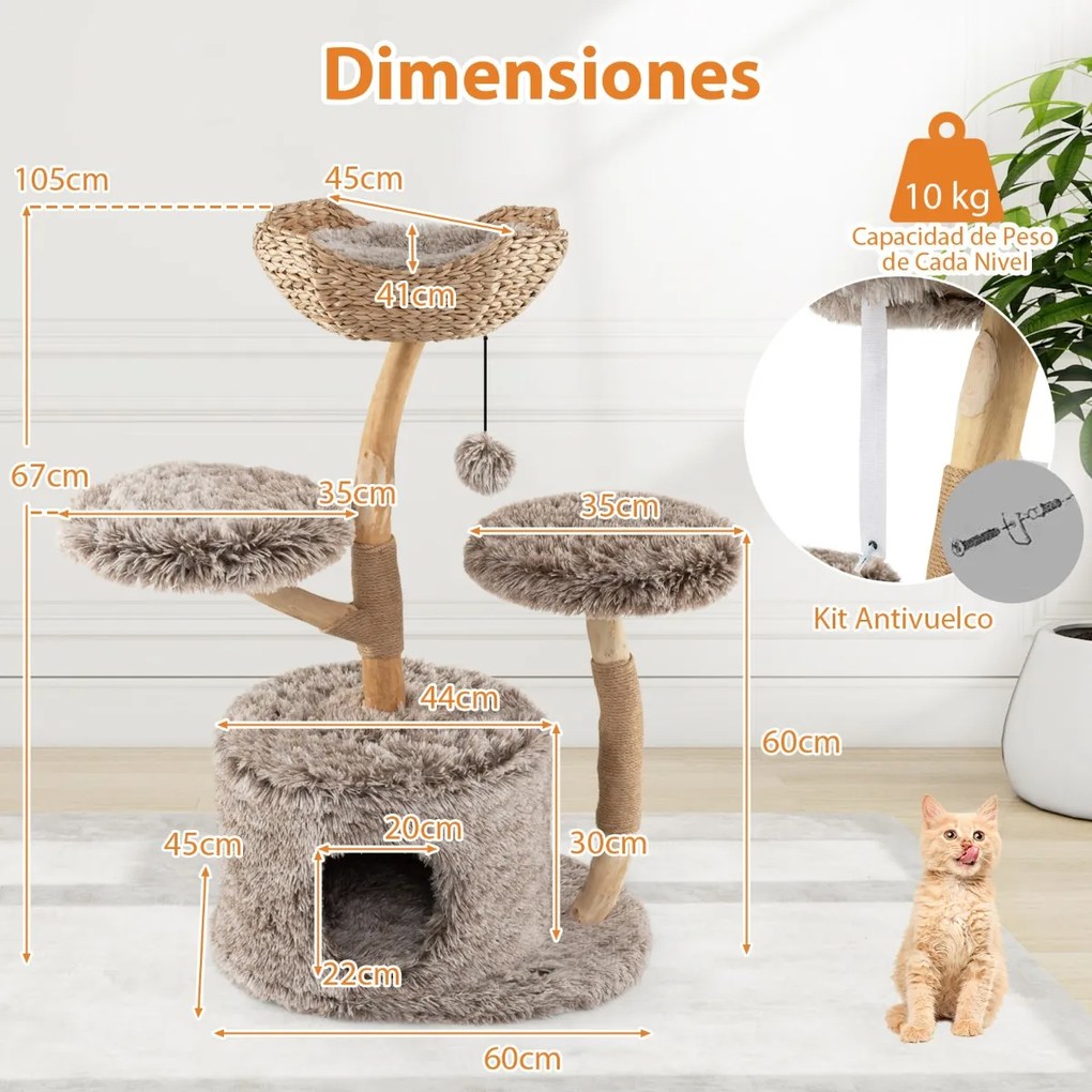 Arranhador para gatos 60 x 105 cm com tronco de pereira sólido com plataforma de galhos com postes para arranhar em sisal natural