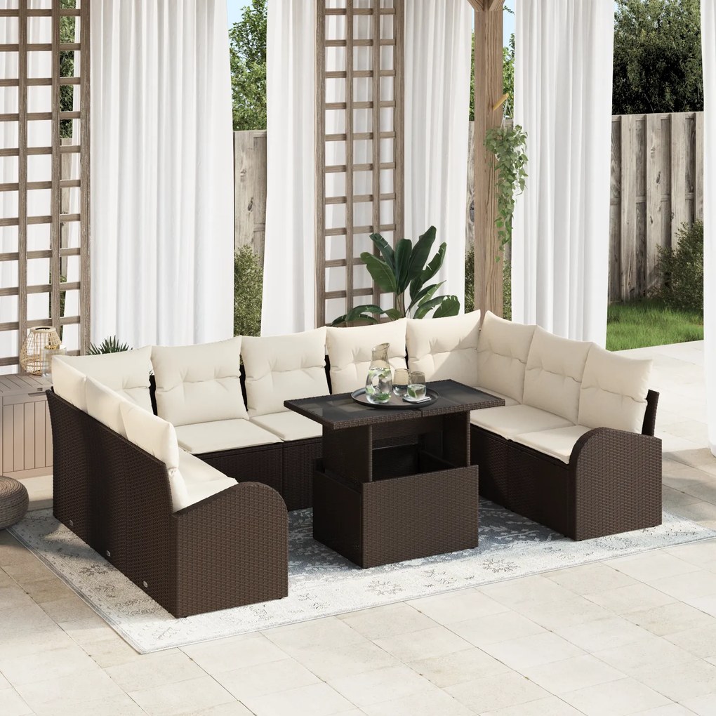 Conjunto de Sofá de Jardim de 10 Peças com Almofadas Rattan Poli Casta