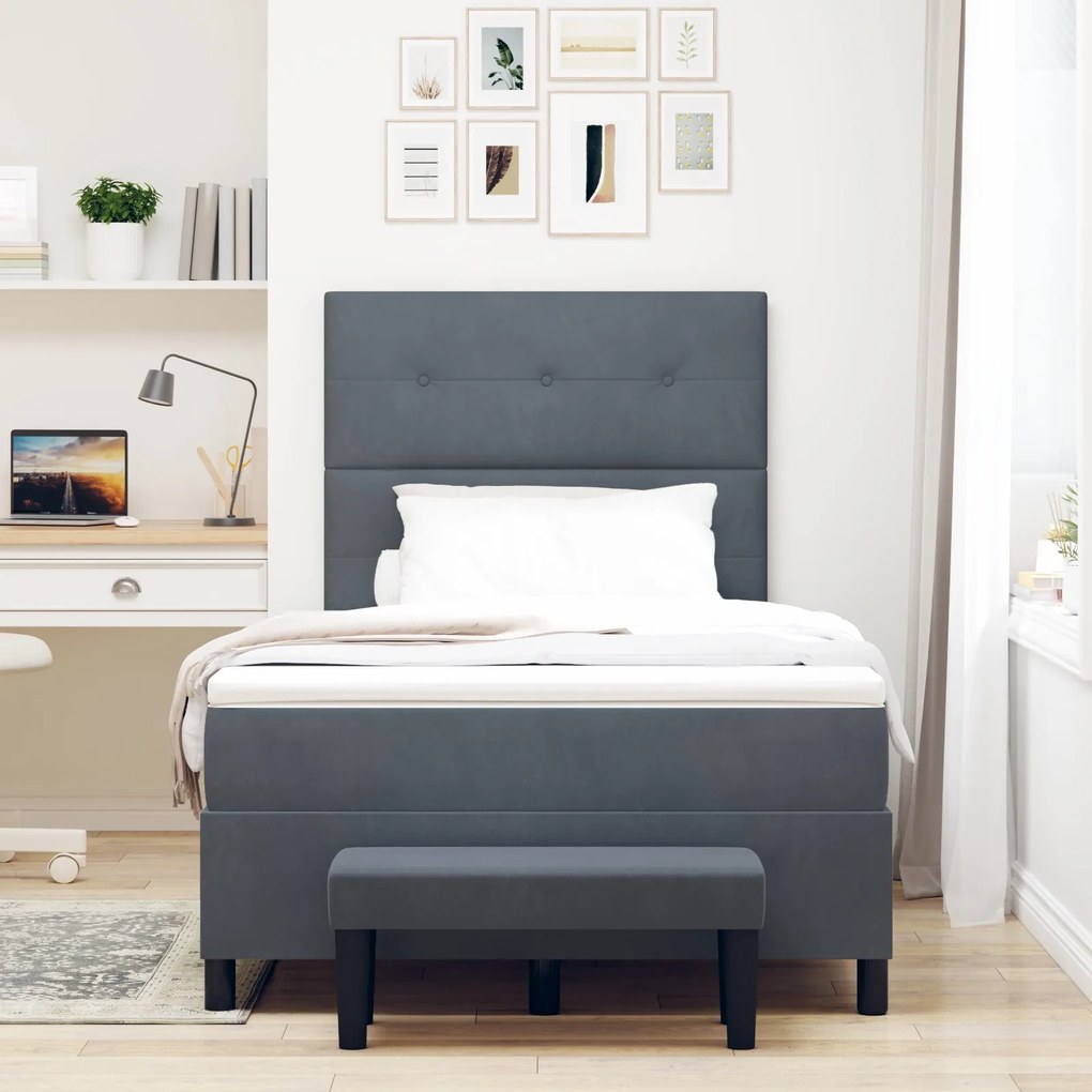 Cama Box Spring com Colchão e Banco Cinza Escuro 120x200 cm Veludo
